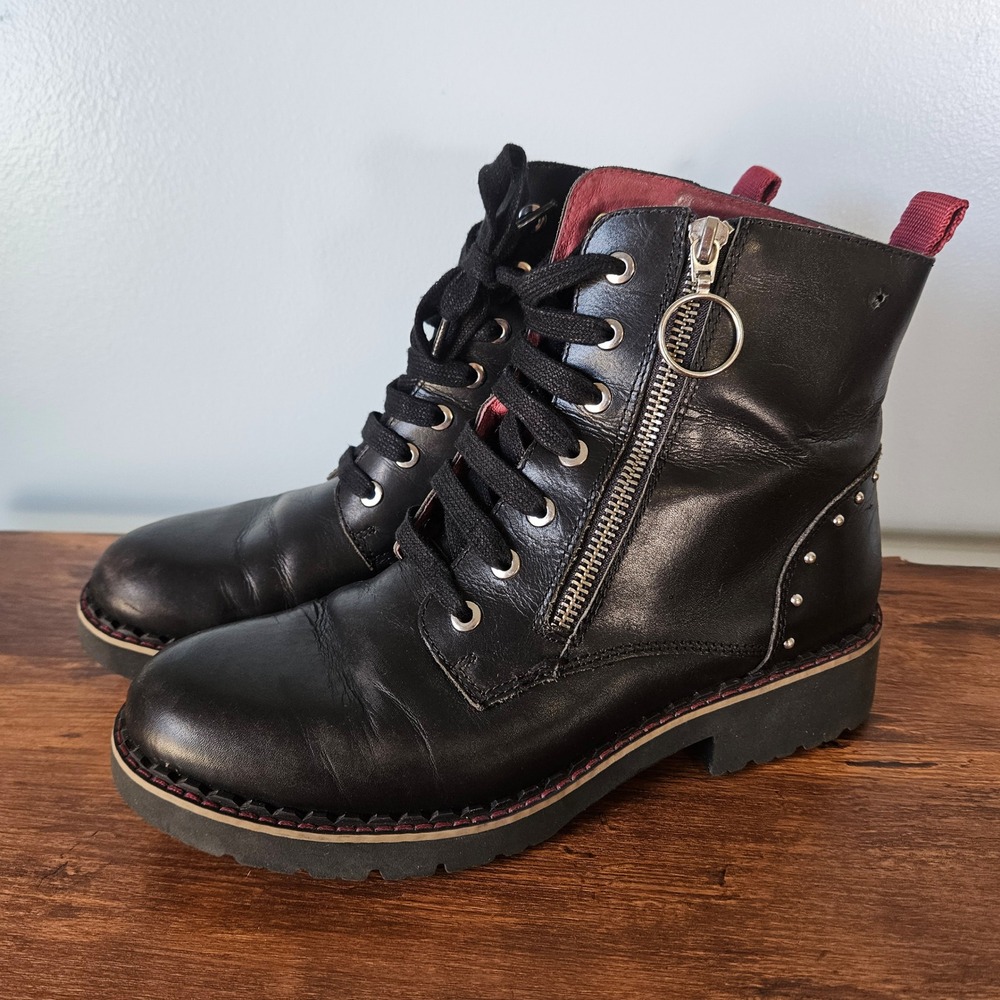 Pikolinos Black Leather Studded Combat Boots Side Zip Lug Sole Size 38 *FLAW* - Picture 5 of 9